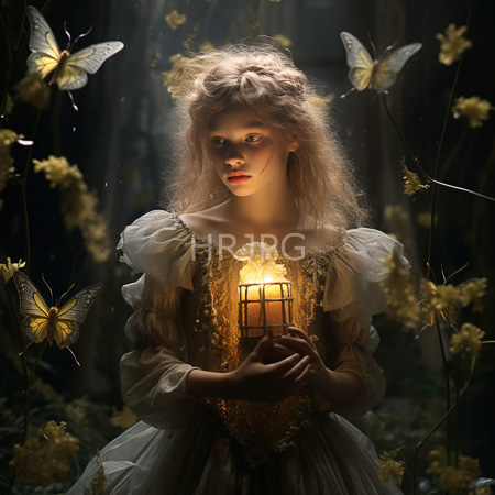 High Resolution: Ethereal young figure with pale skin and long wavy blonde hair adorned in soft curls at her crown wears a white dress holding a glowing lantern close download. | HRJPG.com