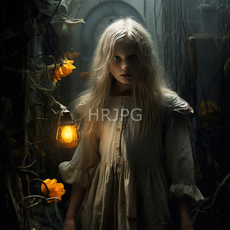 High Resolution: Ethereal young blonde girl with long hair and pale skin stands in dim light amidst tangled vines adorned with yellow flowers wearing a vintage-style white dress with a glowing lantern nearby download. | HRJPG.com