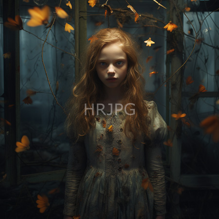 High Resolution: Ethereal young girl with long wavy red hair and pale skin stands in dim light within what appears to be an abandoned glasshouse filled with dry branches and orange leaves floating around her head download. | HRJPG.com