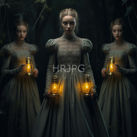 High Resolution: Three ethereal pale-skinned figures with blonde hair in an eerie forest at night wear Victorian-era grey dresses and hold glowing lanterns with symmetrical reflections behind them download. | HRJPG.com