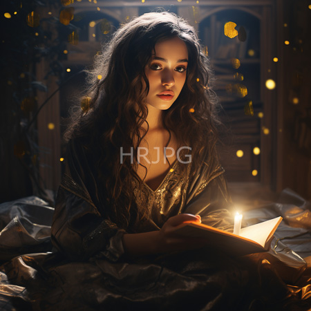 High Resolution: Ethereal young figure with long wavy dark hair and fair skin sits in dim light on silky fabric wears a shimmering gold robe holding an open book illuminated by candlelight download. | HRJPG.com