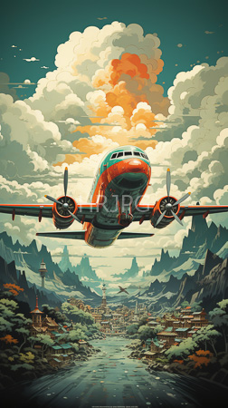 High Resolution: Old-fashioned red and green propeller airplane flying low over a mountainous village with traditional Japanese architecture along riverside paths under dramatic clouds download. | HRJPG.com