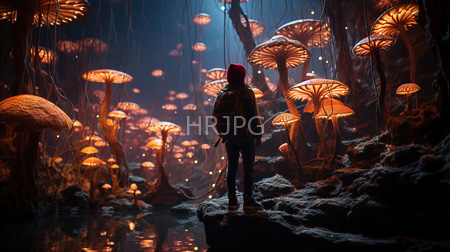 High Resolution: Figure with a hooded red cloak backpack and jeans stands on rocky terrain in a dim cave illuminated by glowing orange mushrooms resembling giant fungi download. | HRJPG.com