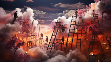 High Resolution: Silhouetted figures on ladders amidst pink cherry blossom trees surrounded by billowing clouds and warm orange light under a twilight sky creating an ethereal atmosphere download. | HRJPG.com