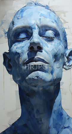 High Resolution: Abstract blue-painted bust sculpture depicts a serene male figure with closed eyes and slightly parted lips textured in geometric patterns using various shades of blue download. | HRJPG.com