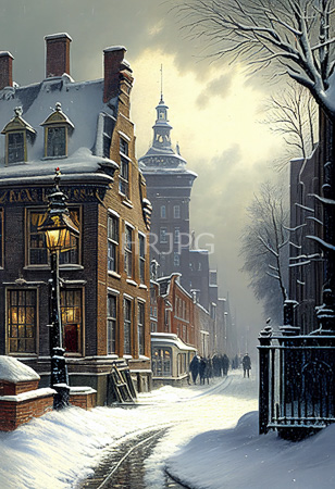 High Resolution: Early winter evening in a snow-covered European city street features historic brick buildings with gabled roofs and illuminated windows warm glowing lampposts amidst falling snowflakes download. | HRJPG.com