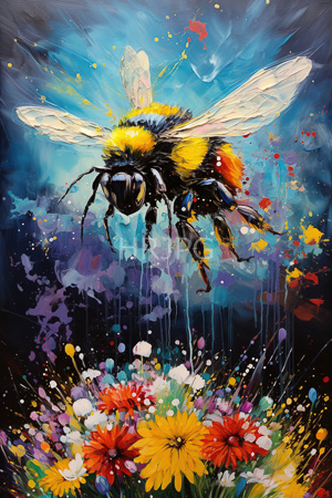 High Resolution: Vibrant abstract painting depicts an anthropomorphic insect with yellow and black fur hovering above colorful flowers in full bloom against dynamic splashes of blue purple red green paint download. | HRJPG.com