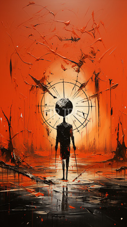High Resolution: Abstract humanoid figure with a dark silhouetted form and large spherical head stands in front of a glowing circular sun-like object on wet ground reflecting light patterns download. | HRJPG.com