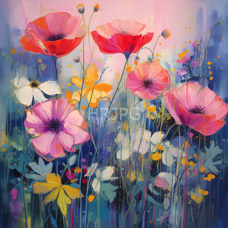 High Resolution: Abstract digital painting features vibrant flowers in various colors and sizes against a blurred background of purples and blues including large red poppies and smaller white daisies download. | HRJPG.com
