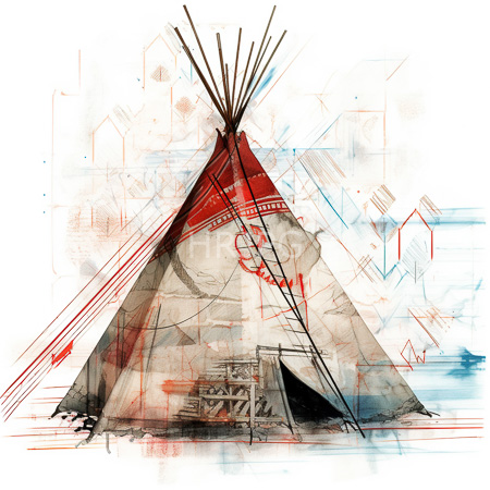 High Resolution: Abstract watercolor and ink drawing of a traditional dwelling featuring red triangular patterns at its peak with black lines radiating upward like supporting poles download. | HRJPG.com