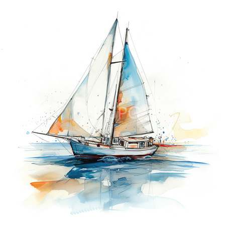 High Resolution: Delicate watercolor and ink drawing of an elegant sailboat with two tall masts and white sails tinged in orange hues reflecting on calm blue waters download. | HRJPG.com