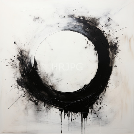 High Resolution: Abstract painting features an incomplete black circular brushstroke with splatters and drips on a white canvas creating dynamic contrast and textured strokes download. | HRJPG.com