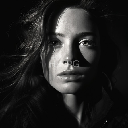 High Resolution: Black-and-white photograph of an attractive figure with long wavy hair and light skin tone in dramatic lighting that casts shadows across her face with an intense gaze download. | HRJPG.com