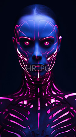 High Resolution: Androgynous bald individual with blue skin illuminated by neon pink lines resembling circuitry or skeletal structure on their face neck and chest with glowing red eyes download. | HRJPG.com