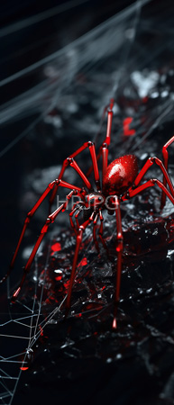 High Resolution: Intricately detailed bright red arachnid with a shiny exoskeleton and long legs stands on dark textured ground reflecting light dramatically against blurred black web strands download. | HRJPG.com