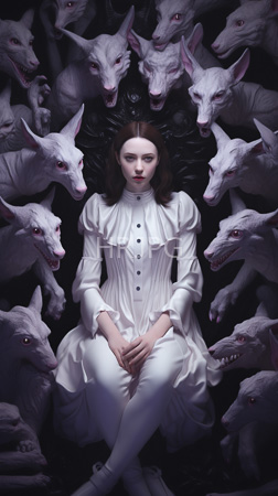 High Resolution: Pale-skinned figure with dark brown hair wears an elegant white dress and buttoned front sitting centered amidst numerous menacing gray canines surrounding her in darkness download. | HRJPG.com