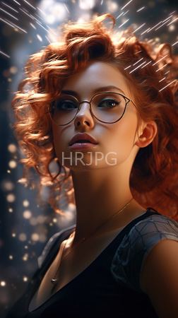 High Resolution: Photorealistic attractive young figure with curly red hair wears round glasses and a black top against a bokeh background with light rays emanating from her head download. | HRJPG.com