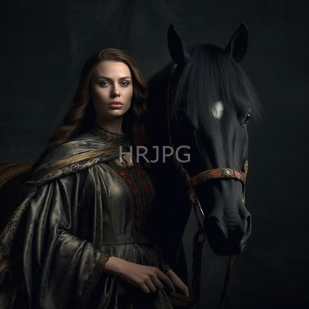 High Resolution: Ethereal fair-skinned figure with long brown hair and green eyes wears a medieval-style silver-gray velvet gown adorned in red embroidery stands beside a black equine download. | HRJPG.com