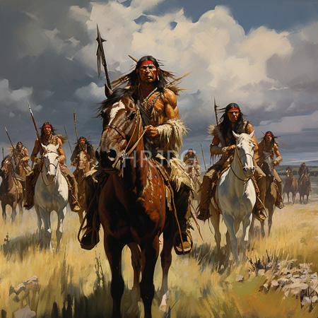 High Resolution: Detailed realistic oil painting depicts indigenous warriors on horseback in an open grassy field under cloudy skies with scattered sunlight download. | HRJPG.com