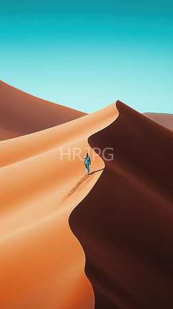 High Resolution: Expansive desert landscape with smooth undulating sand dunes in rich orange and brown hues under clear blue skies a lone figure wearing turquoise clothing walks along a winding ridge download. | HRJPG.com