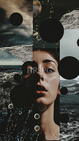 High Resolution: Ethereal close-up portrait features a pale-skinned figure with red hair and delicate features against darkened waves in a stormy seascape overlaid by black circles download. | HRJPG.com