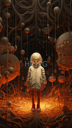 High Resolution: Androgynous child with short blonde hair stands in front of glowing orange orbs within a dark cave-like environment filled with tangled roots resembling tentacles download. | HRJPG.com