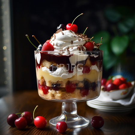 High Resolution: Elegant dessert on a glass pedestal layered with whipped cream and cherries in chocolate syrup topped by two whole strawberries and drizzled dark cocoa powder download. | HRJPG.com