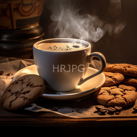 High Resolution: Steaming white ceramic cup filled with frothy coffee on a saucer surrounded by three chocolate chip cookies and scattered dark brown sugar crystals download. | HRJPG.com