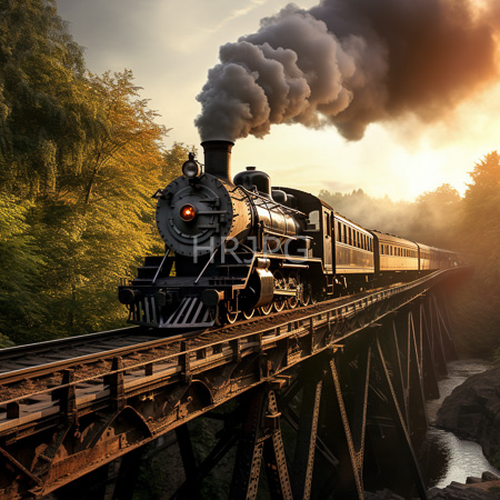High Resolution: Old-fashioned black steam locomotive with billowing white and gray smoke travels on a rusty iron bridge over a river during sunset in a dense green forested area download. | HRJPG.com