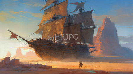 High Resolution: Enormous weathered wooden ship with tall sails set against a desert-like landscape at sunset with orange and blue hues dominating the sky and sand download. | HRJPG.com
