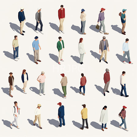 High Resolution: Isometric illustration of diverse people walking in various directions on a white background casting shadows wearing casual clothing and carrying bags download. | HRJPG.com