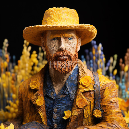 High Resolution: Intricately carved wooden sculpture depicts a bearded figure with blue eyes wearing a yellow rose-patterned hat and jacket against a blurred background filled with colorful flowers download. | HRJPG.com