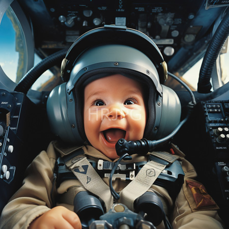 High Resolution: Adorable smiling infant with light brown skin and dark eyes wears gray pilot headphones and a beige flight suit seated in a cockpit control panel background download. | HRJPG.com