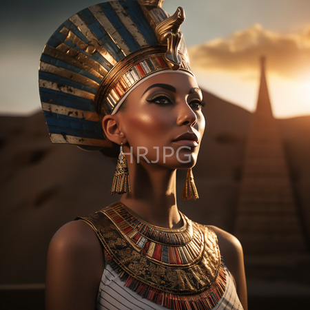 High Resolution: Ancient Egyptian figure with dark skin wears intricate gold and blue headdress adorned with hieroglyphs and large golden earrings with arched eyebrows and subtle makeup download. | HRJPG.com
