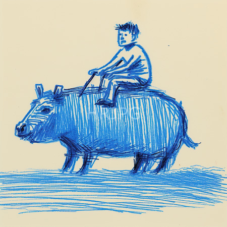 High Resolution: Blue ink sketch on beige paper depicts an unclothed child with spiky hair riding atop a stylized four-legged swine-like creature using reins and stirrups download. | HRJPG.com