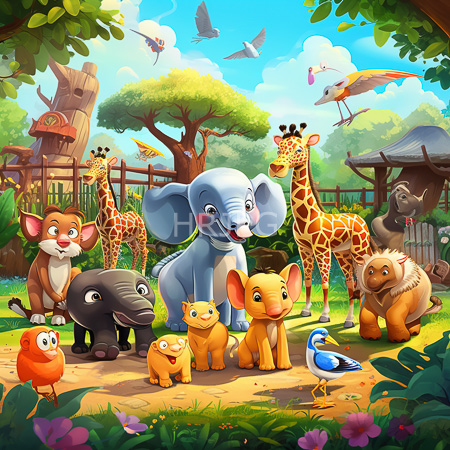High Resolution: Vibrant animated colorful zoo scene features various cute animals gathered in front of lush greenery and wooden structures including cheerful baby pachyderms and long-necked mammals download. | HRJPG.com