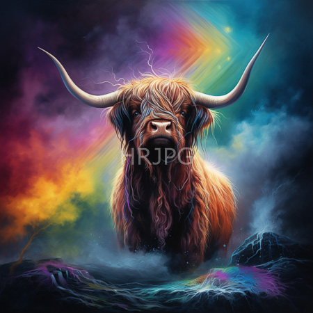 High Resolution: Imposing Highland bovine with long shaggy brown fur and large curved horns stands in misty terrain at nightfall with vibrant rainbow-like light bursting from behind its head download. | HRJPG.com