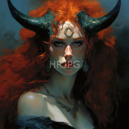 High Resolution: Ethereal pale-skinned figure with fiery red hair and large black horns on her head has piercing blue eyes adorned by intricate silver jewelry including flower-shaped earrings download. | HRJPG.com