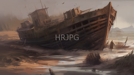 High Resolution: Abandoned rusted shipwreck on a foggy beach with reflective water pools and sparse vegetation in the foreground two small human figures stand near the wreck's stern download. | HRJPG.com