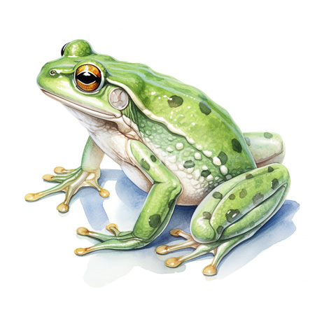 High Resolution: Detailed realistic watercolor drawing of an olive-green amphibian with dark green spots and yellow-tipped toes sitting on its haunches against a white background download. | HRJPG.com