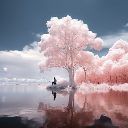 High Resolution: Ethereal landscape features pink-leafed trees reflected in calm water under overcast skies with a central silhouetted angler standing on a small island holding a fishing rod download. | HRJPG.com