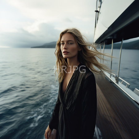 High Resolution: Blonde figure with wavy hair wears an open black robe that reveals her cleavage and shoulders standing on a wooden deck beside calm ocean waters under cloudy skies download. | HRJPG.com