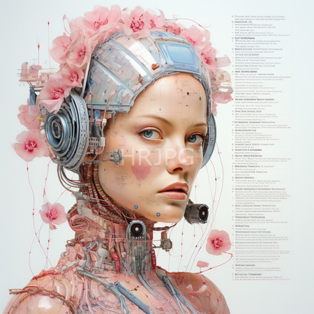 High Resolution: Androgynous pale-skinned humanoid with blue eyes wears futuristic headgear adorned in pink flowers with visible mechanical components on their neck and face resembling cybernetic enhancements download. | HRJPG.com