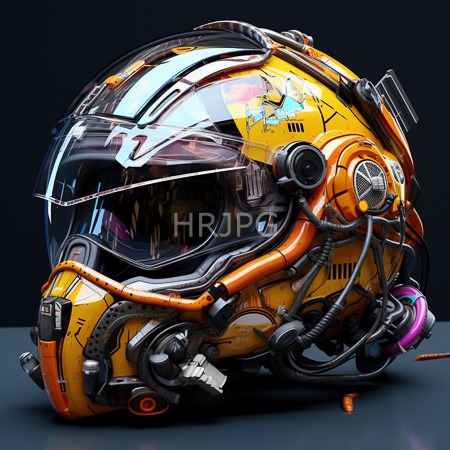 High Resolution: Intricately detailed futuristic motorcycle helmet with vibrant orange and yellow metallic patterns features a transparent glass visor reflecting light streaks download. | HRJPG.com