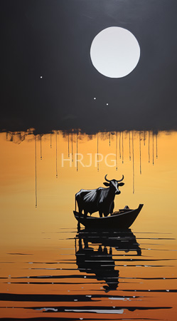 High Resolution: Anthropomorphic black bovine with horns stands in a small wooden boat on calm reflective orange water at sunset or sunrise under a large white full celestial body download. | HRJPG.com