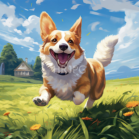 High Resolution: Exuberant tan and white canine with large ears runs joyfully through vibrant green grass dotted with orange flowers under a bright blue sky download. | HRJPG.com