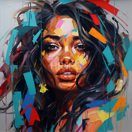 High Resolution: Abstract digital painting of a young figure with dark brown skin and long black hair features vibrant splashes in reds blues yellows greens on her face and background download. | HRJPG.com