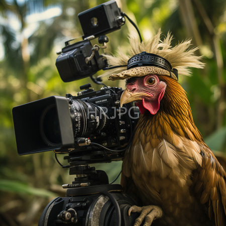 High Resolution: Orange-brown avian creature with pink wattles and beige feathered headwear perches in front of vintage film cameras amidst lush green jungle foliage download. | HRJPG.com