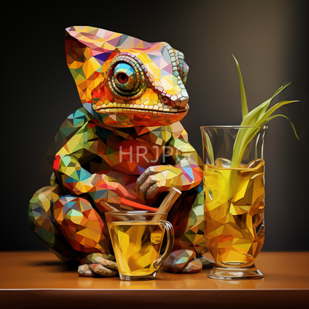 High Resolution: Intricately polygonal chameleon with vibrant multicolored geometric patterns sits on a wooden surface holding a spoon in a glass mug filled with yellow liquid download. | HRJPG.com