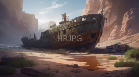 High Resolution: Abandoned rusted shipwreck in a desert canyon with towering pink rock cliffs and sparse greenery on sandy ground casts long shadows under clear blue sky download. | HRJPG.com